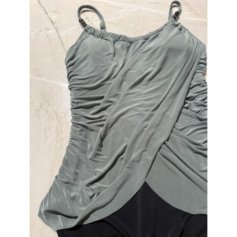 Magicsuit Crossover Shirred Swimdress Draped One Piece Swimsuit Sage Black 12